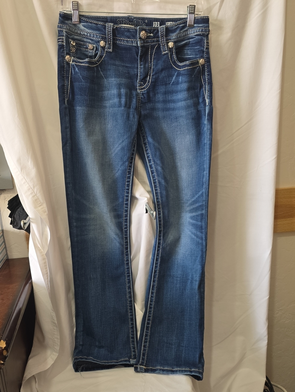 Miss Me Blue Embroidered Pocket Jeans with Silver Accents